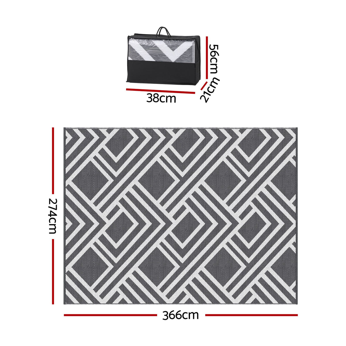 Gardeon Outdoor Rugs 274x366cm Reversible PP Dual-Sided Area Mat Large Carpet Patio Rug Grey