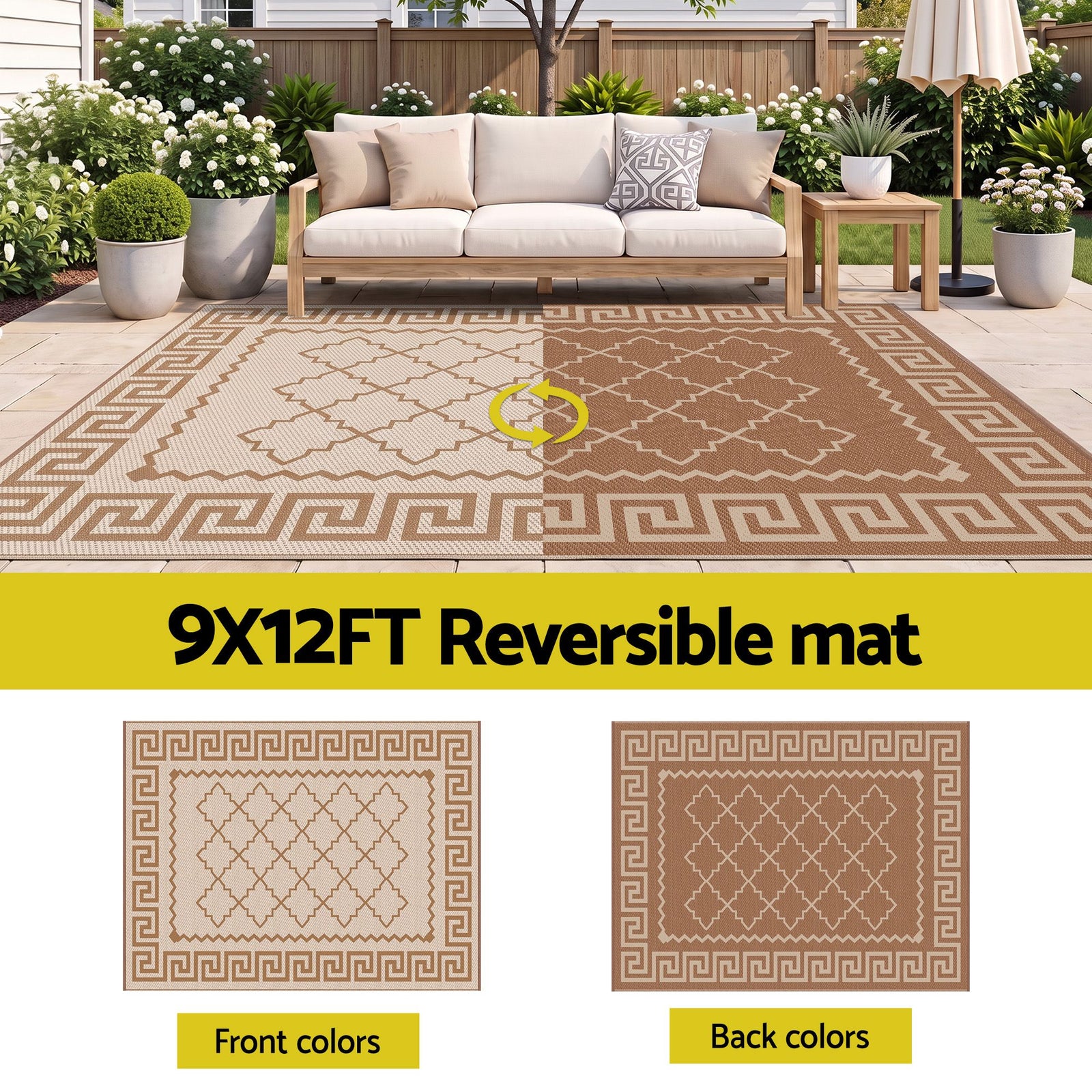 Gardeon Outdoor Rugs 274x366cm Large Carpet Reversible PP Dual-Sided Area Mat Patio Rug Khaki
