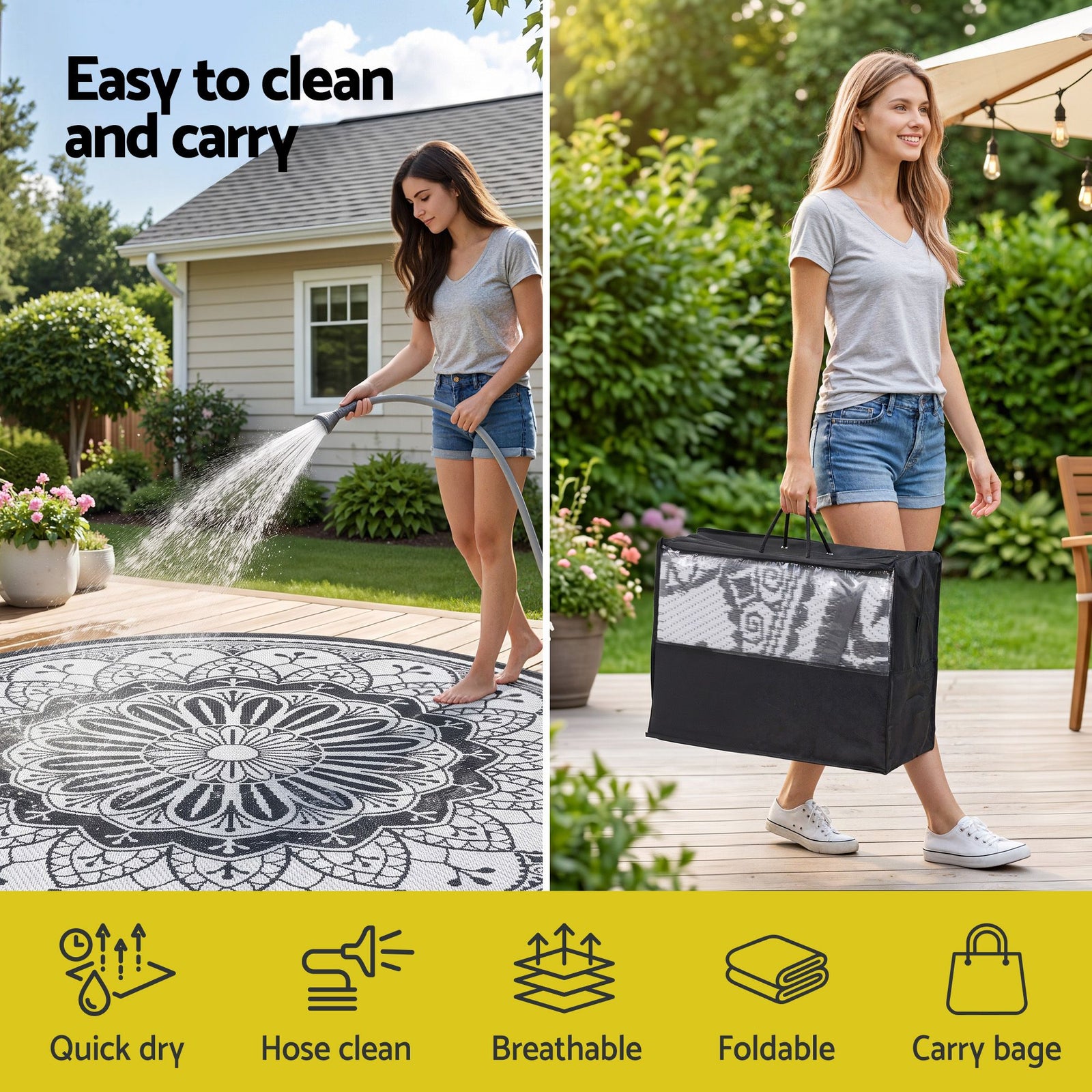 Gardeon 180CM Outdoor Rug Reversible Carpet PP Area Mat Patio Rugs Round Grey