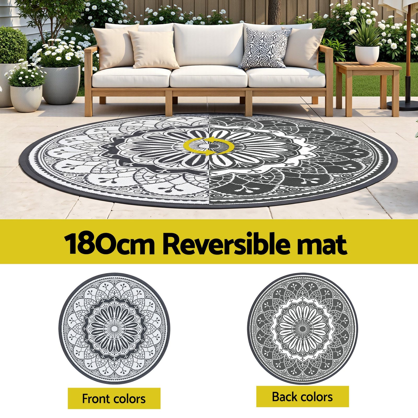 Gardeon 180CM Outdoor Rug Reversible Carpet PP Area Mat Patio Rugs Round Grey