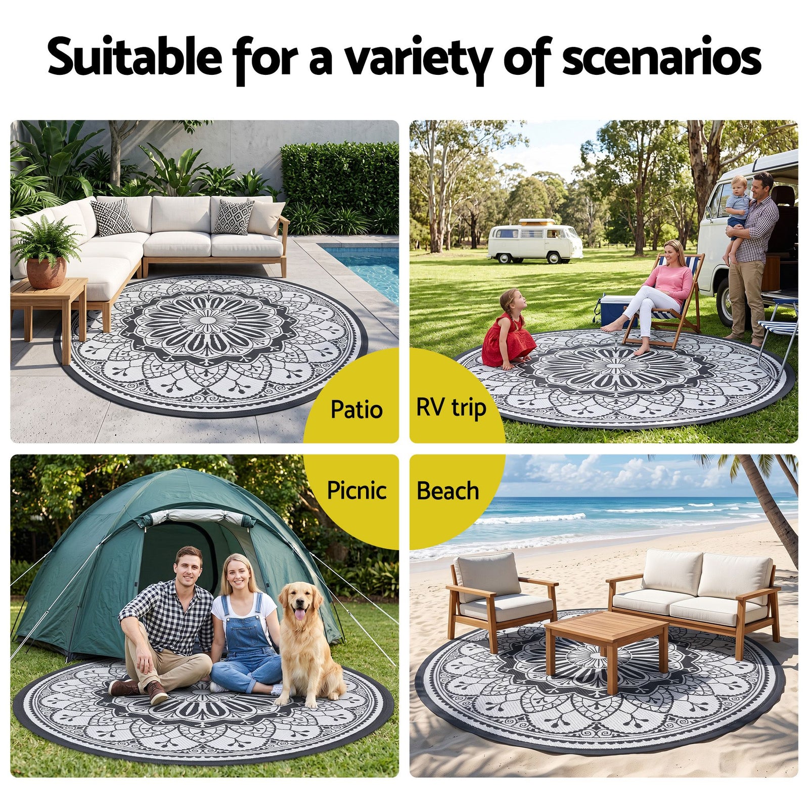 Gardeon 180CM Outdoor Rug Reversible Carpet PP Area Mat Patio Rugs Round Grey