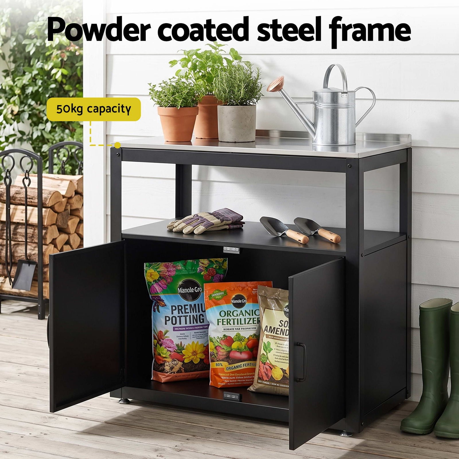 Gardeon Outdoor Storage Cabinet Garden Potting Bench Stainless Steel Table Top Black