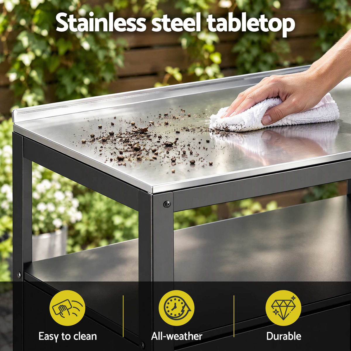 Gardeon Outdoor Storage Cabinet Garden Potting Bench Stainless Steel Table Top Black