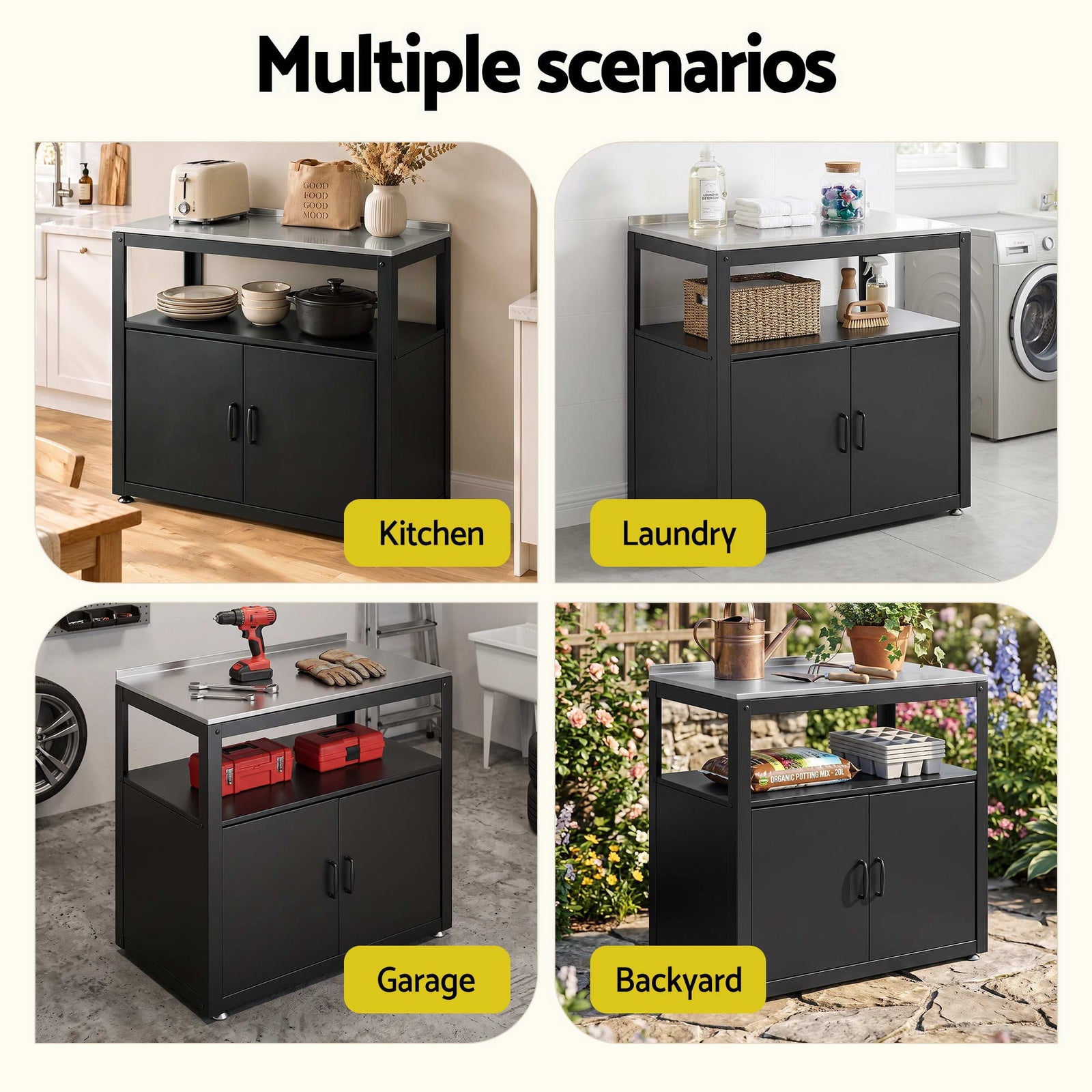 Gardeon Outdoor Storage Cabinet Garden Potting Bench Stainless Steel Table Top Black