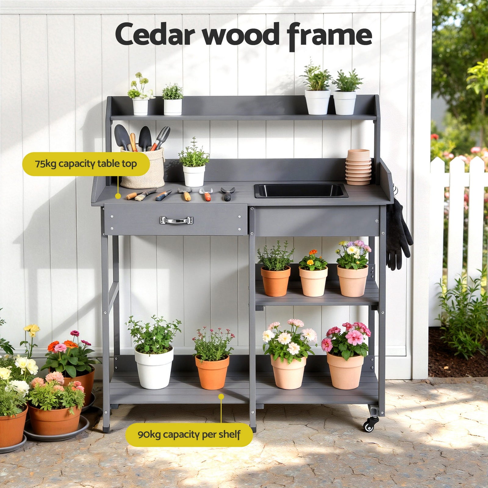 Gardeon Outdoor Potting Bench Table Storage Cabinet Potters Garden Workstation Grey