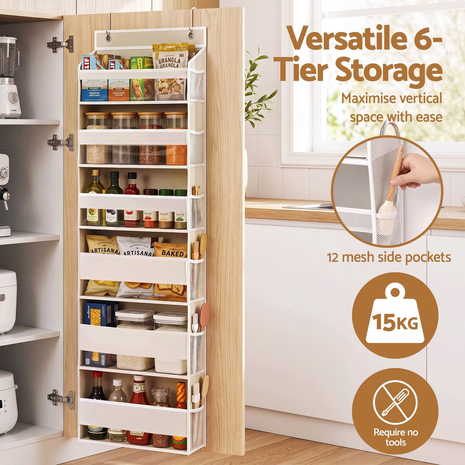 Artiss Over Door Storage Hanger Pantry 6-Tier 12 Pockets Fabric Organiser Beige