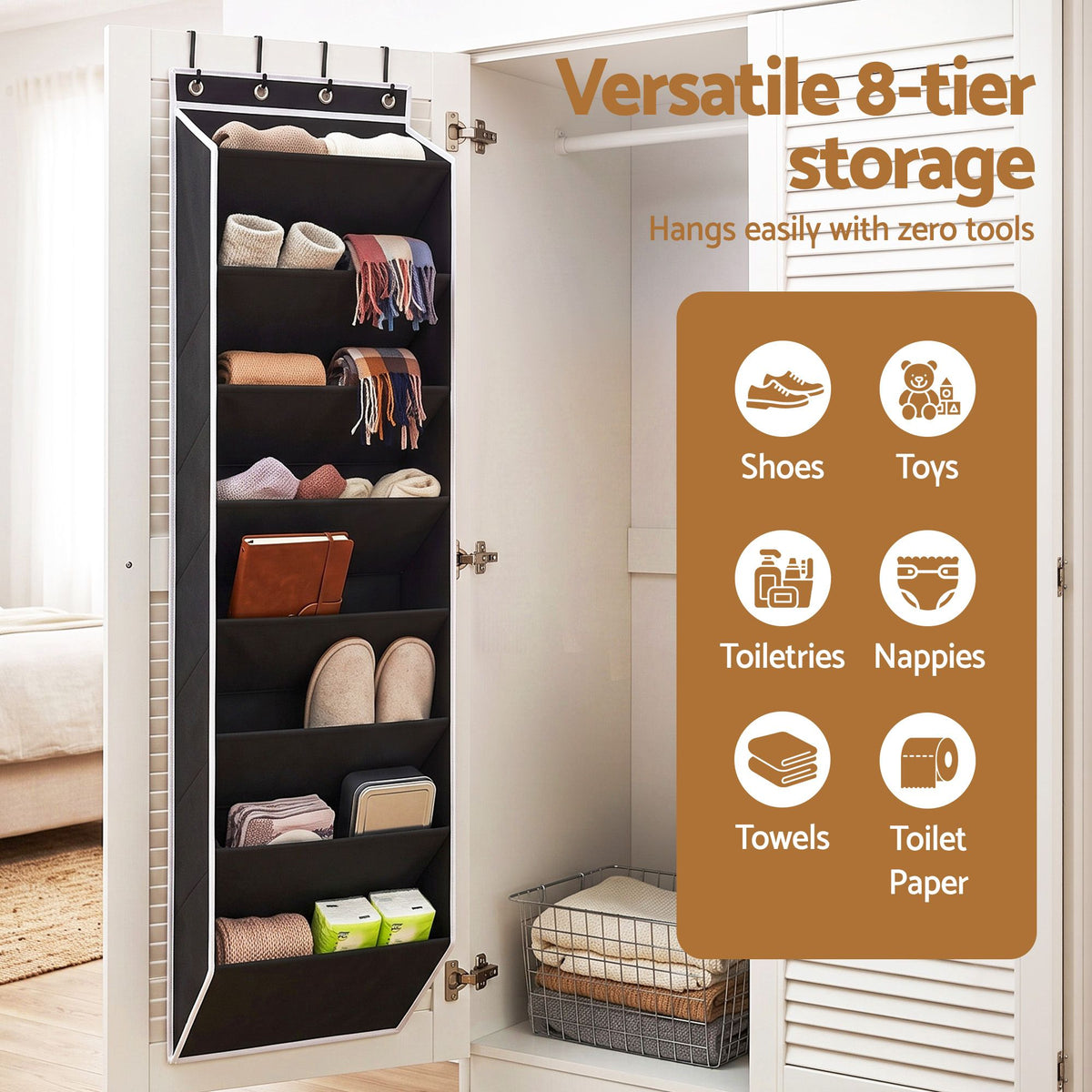 Artiss Over Door Shoe Organiser Storage 8-Tier Pantry Hanger Rack Fabric Black