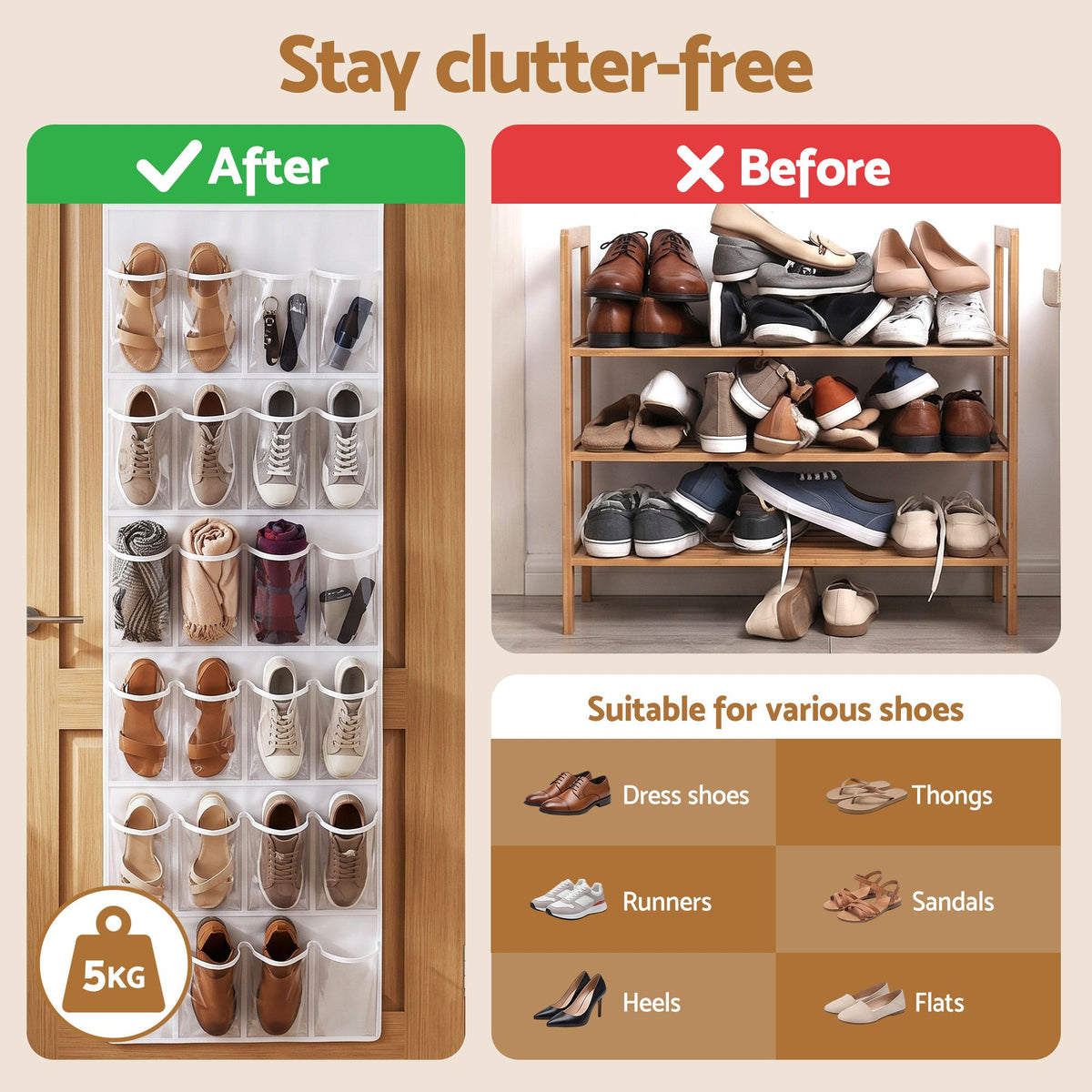 Artiss Over Door Shoe Organiser Storage 6-Tier Pantry Hanger 24 Pockets White