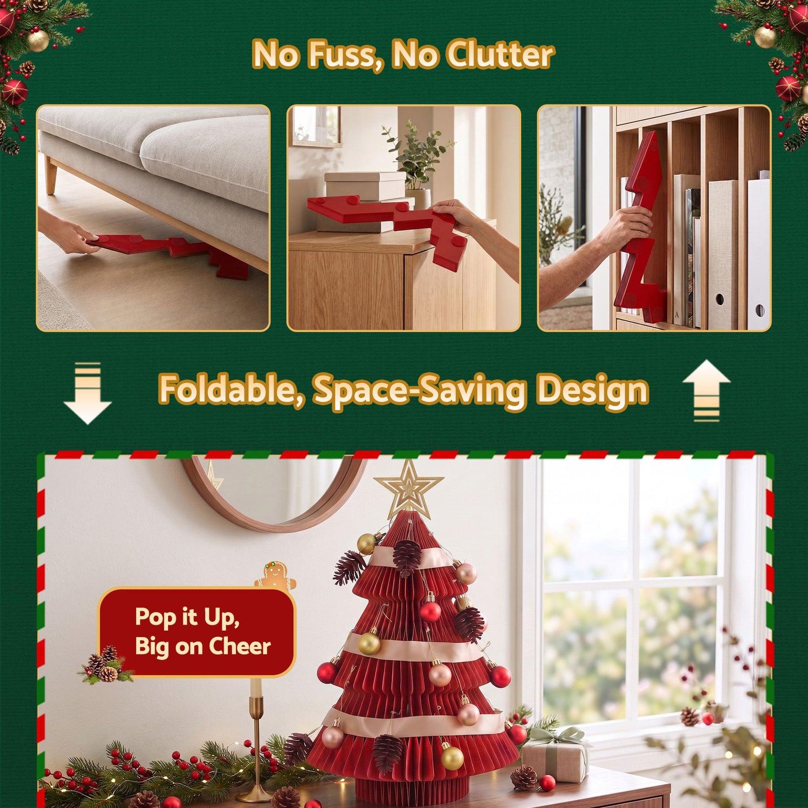 Jingle Jollys 2PCS Folding Tabletop Christmas Tree Xmas Decorations Red & Green