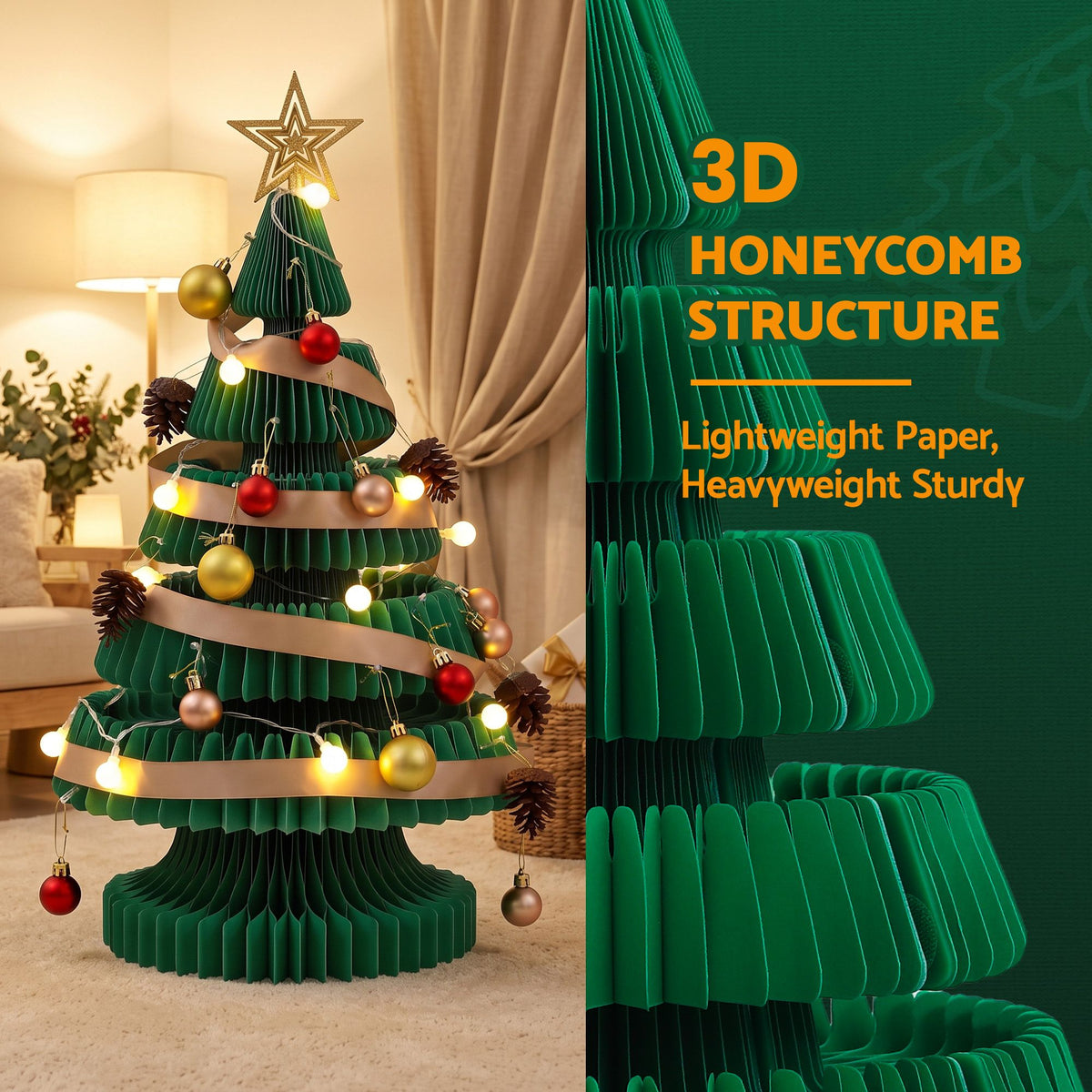 Jingle Jollys Paper Christmas Tree 62CM w/ Star Topper LEDs Xmas Decorations Kit Home Office Green