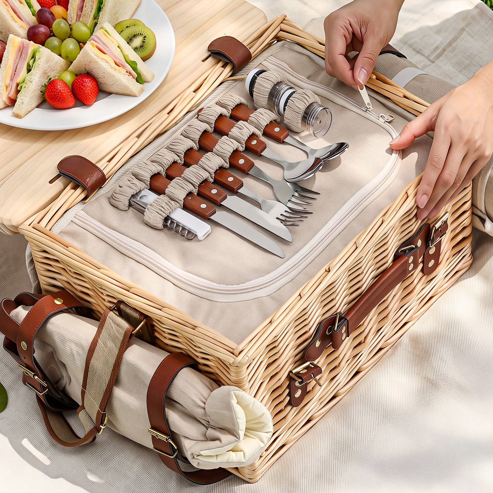 Alfresco 2 Person Insulated Picnic Basket Set with Foldable Wood Table Mat