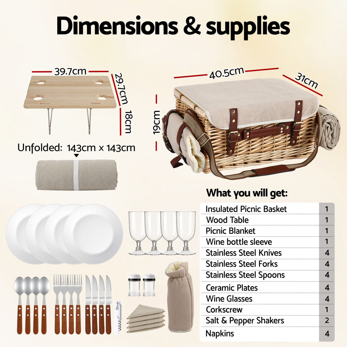 Alfresco 4 Person Insulated Picnic Basket Set with Foldable Wood Table Mat