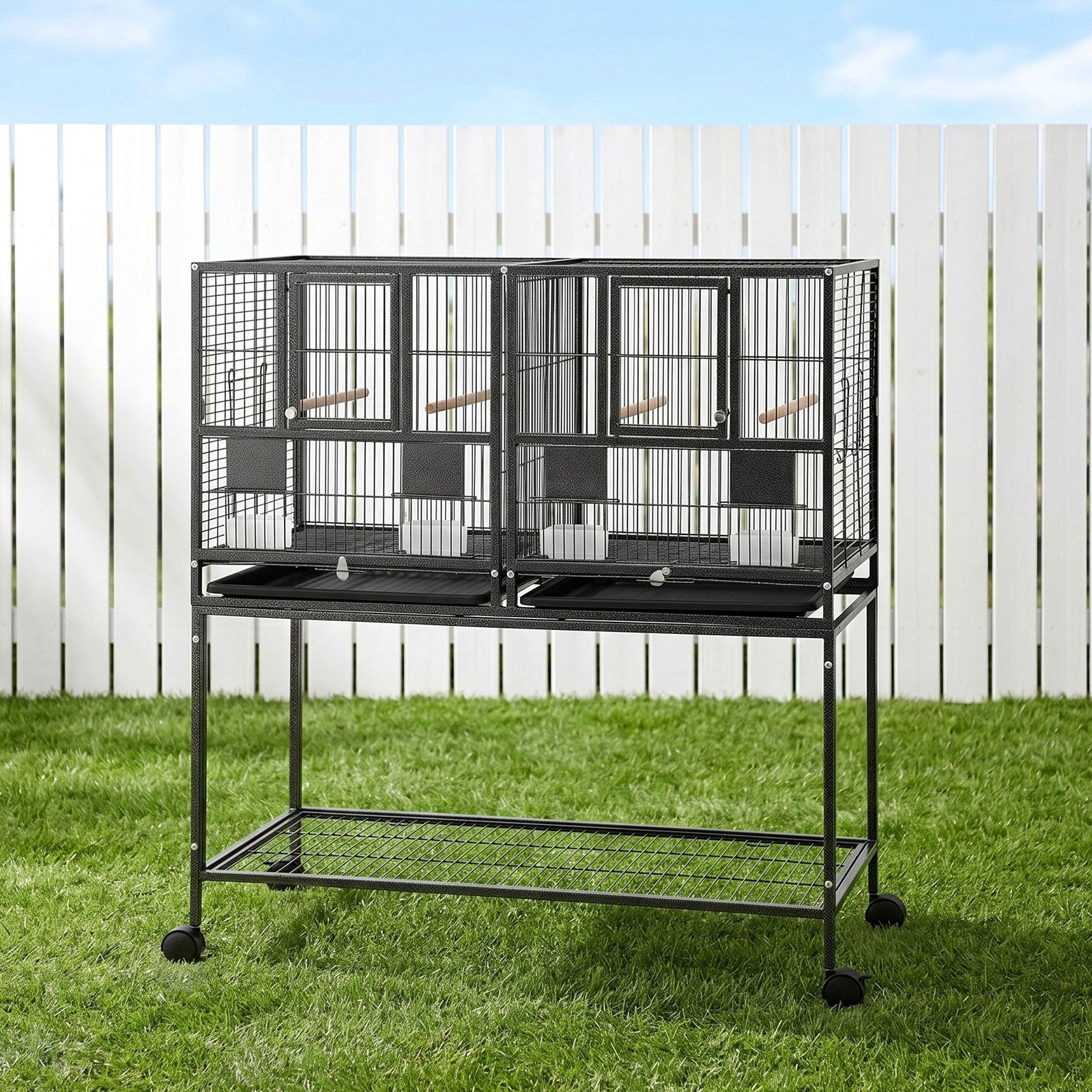i.Pet 106cm 2-in-1 Bird Cage Aviary with Divider Parrot Budgie Wheels Black