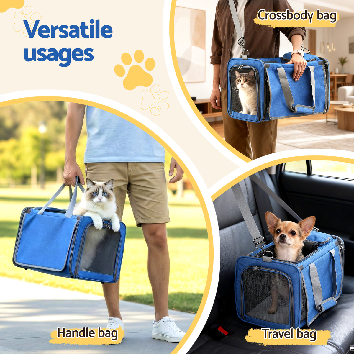 i.Pet Pet Carrier Bag Foldable Dog Cat Durable Crate Travel Cage Portable Car Kennel Blue