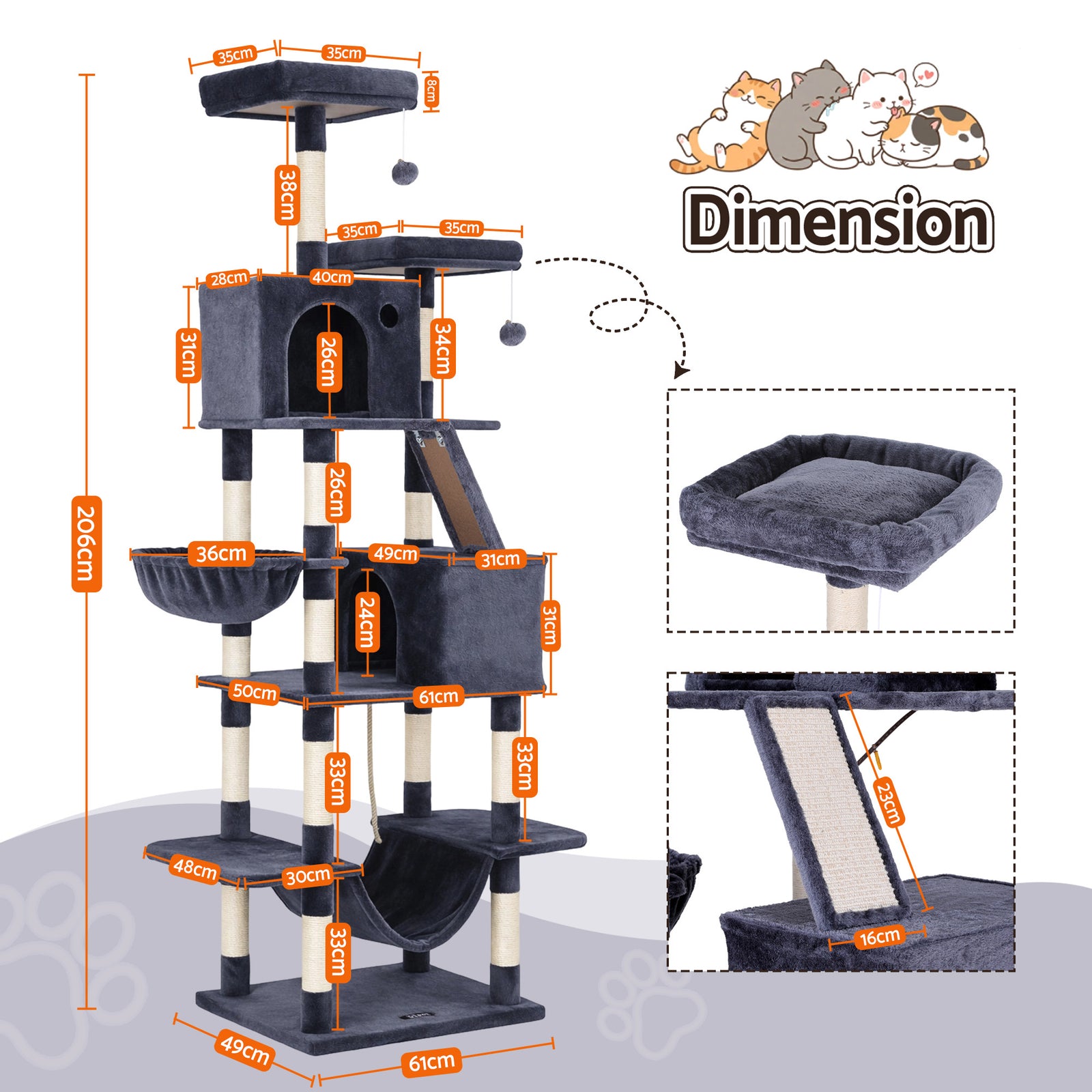 i.Pet Cat Tree Tower 206cm Large Scratching Post Furniture Scratcher House Grey