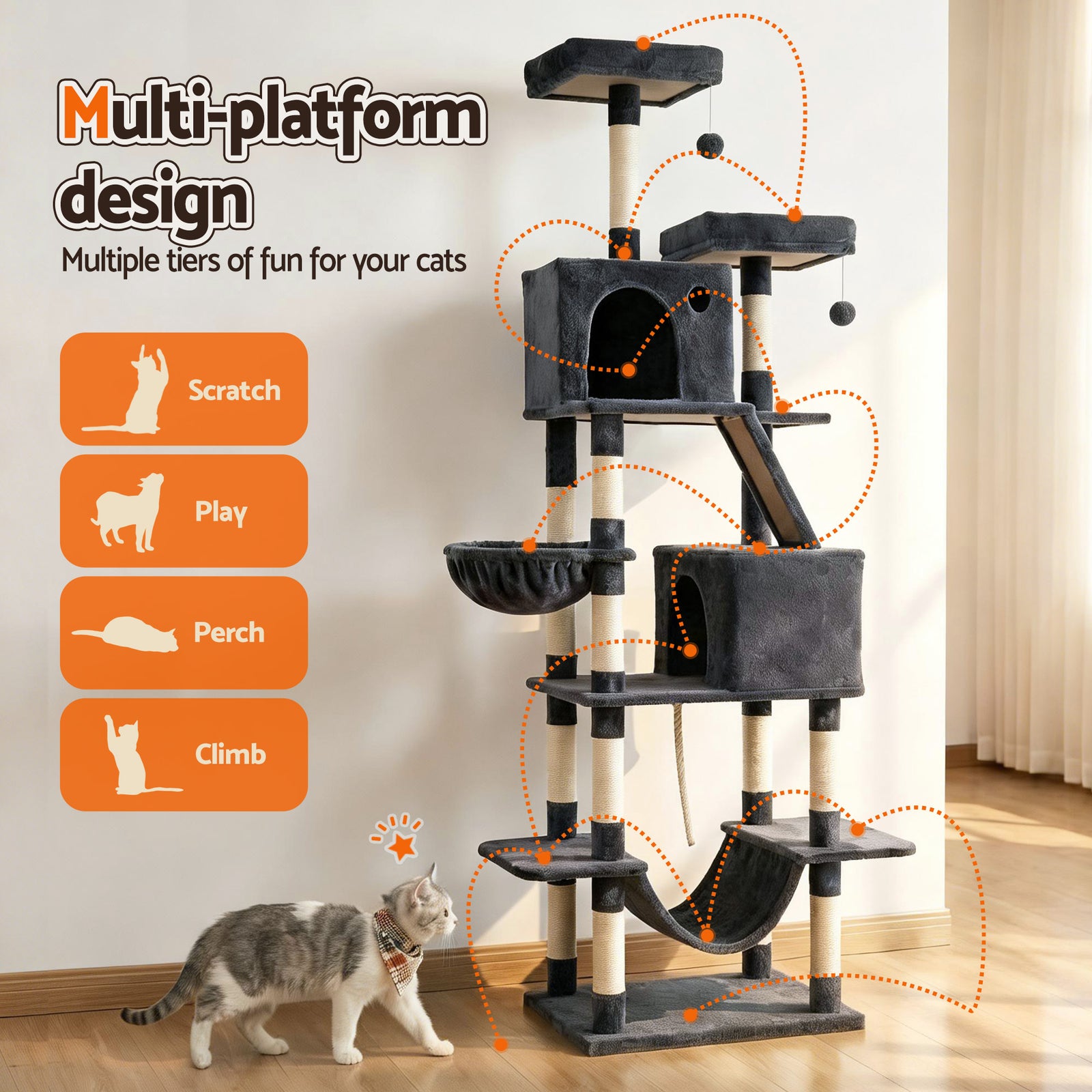 i.Pet Cat Tree Tower 206cm Large Scratching Post Furniture Scratcher House Grey