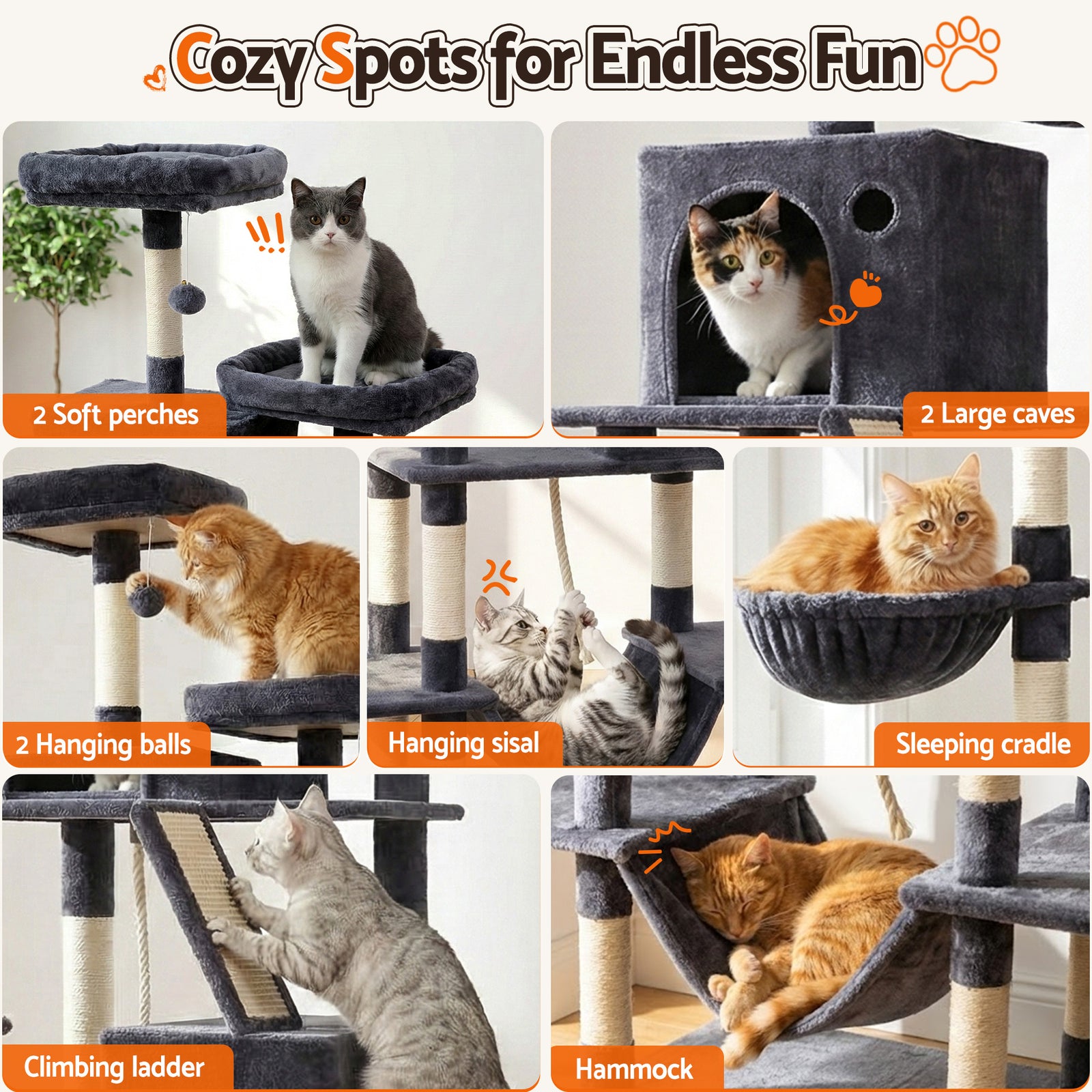 i.Pet Cat Tree Tower 206cm Large Scratching Post Furniture Scratcher House Grey