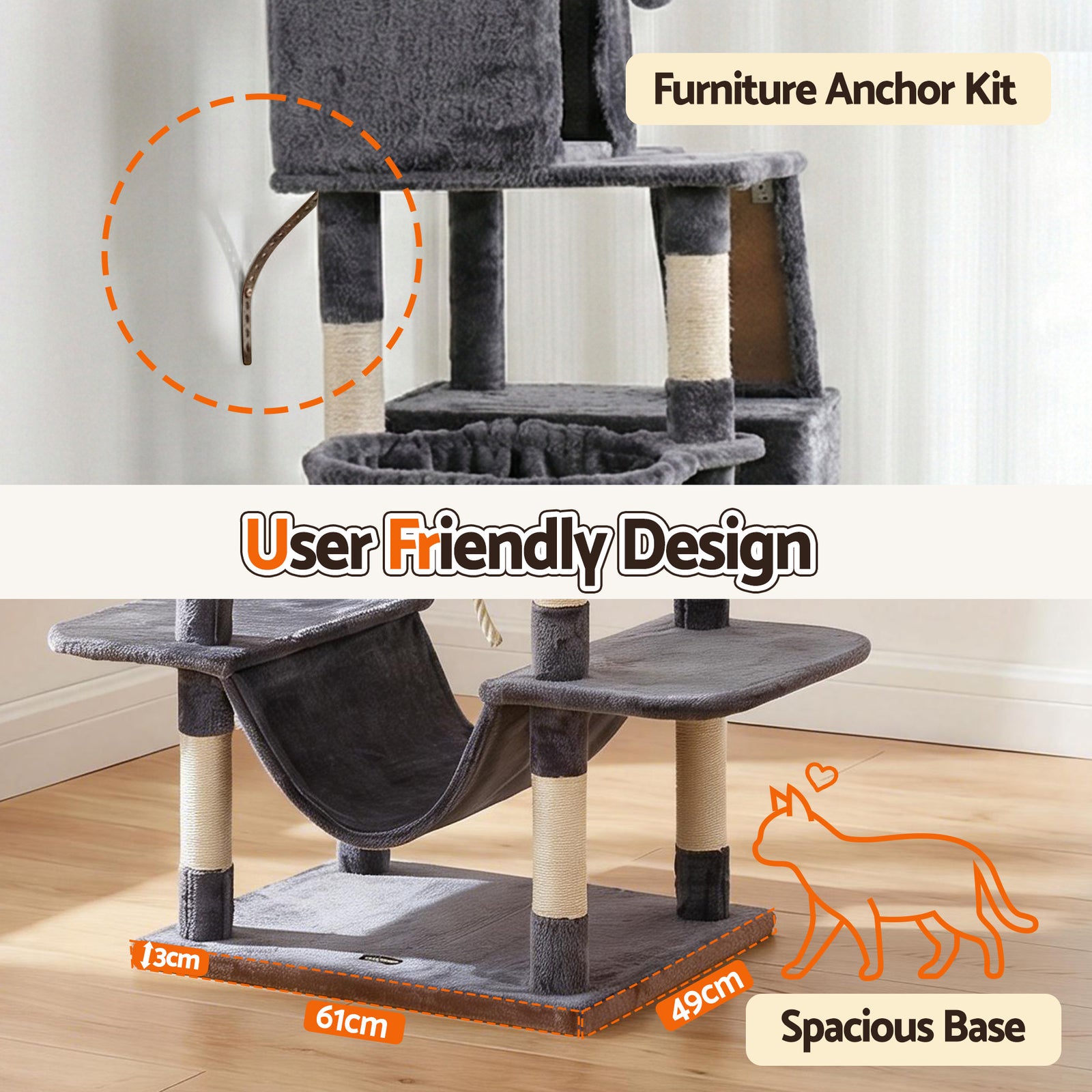 i.Pet Cat Tree Tower 206cm Large Scratching Post Furniture Scratcher House Grey