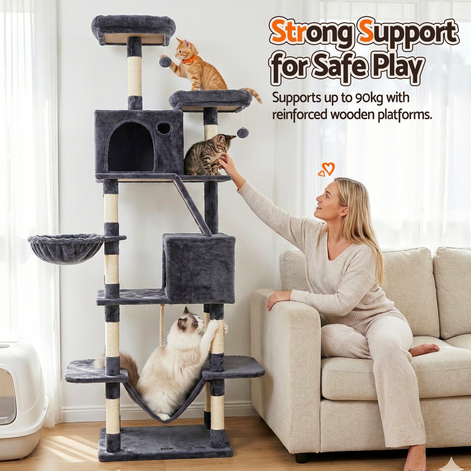 i.Pet Cat Tree Tower 206cm Large Scratching Post Furniture Scratcher House Grey