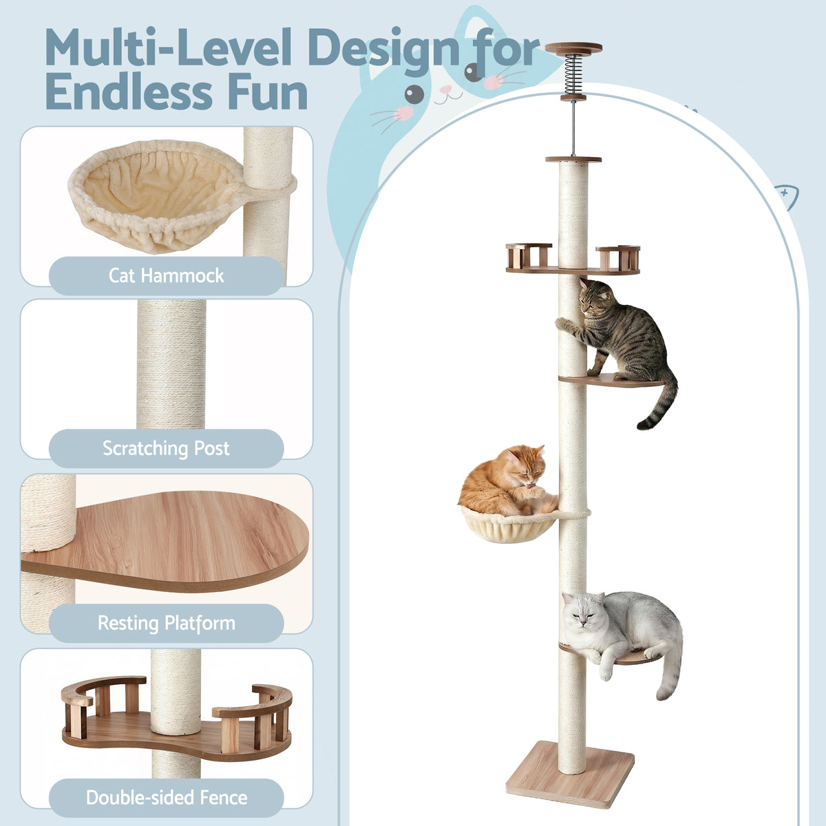 i.Pet Cat Tree Tower Floor to Ceiling Scratching Post 270cm Beige