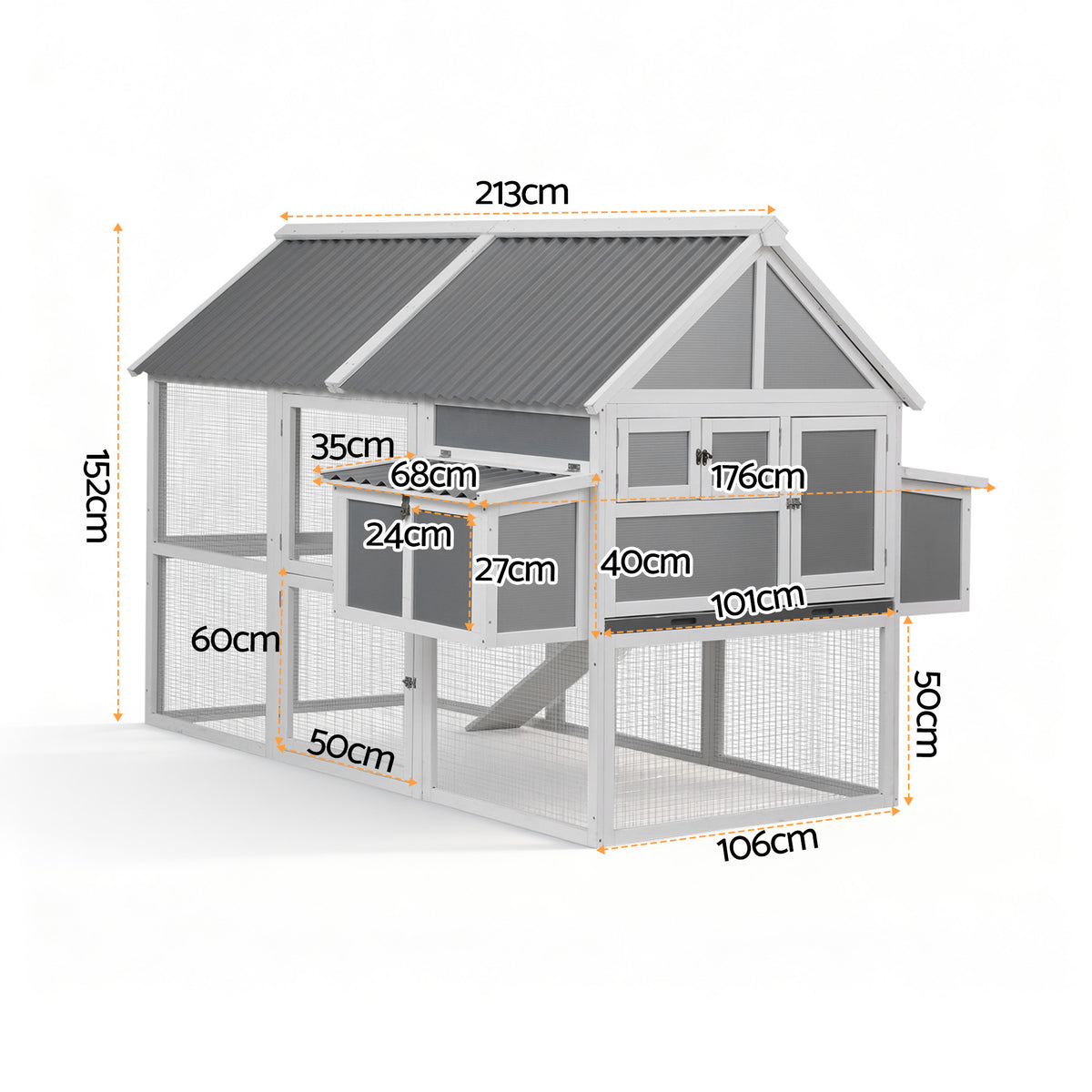 i.Pet Chicken Coop Large Outdoor Rabbit Hutch Chook House Hatch Box With Run Grey White