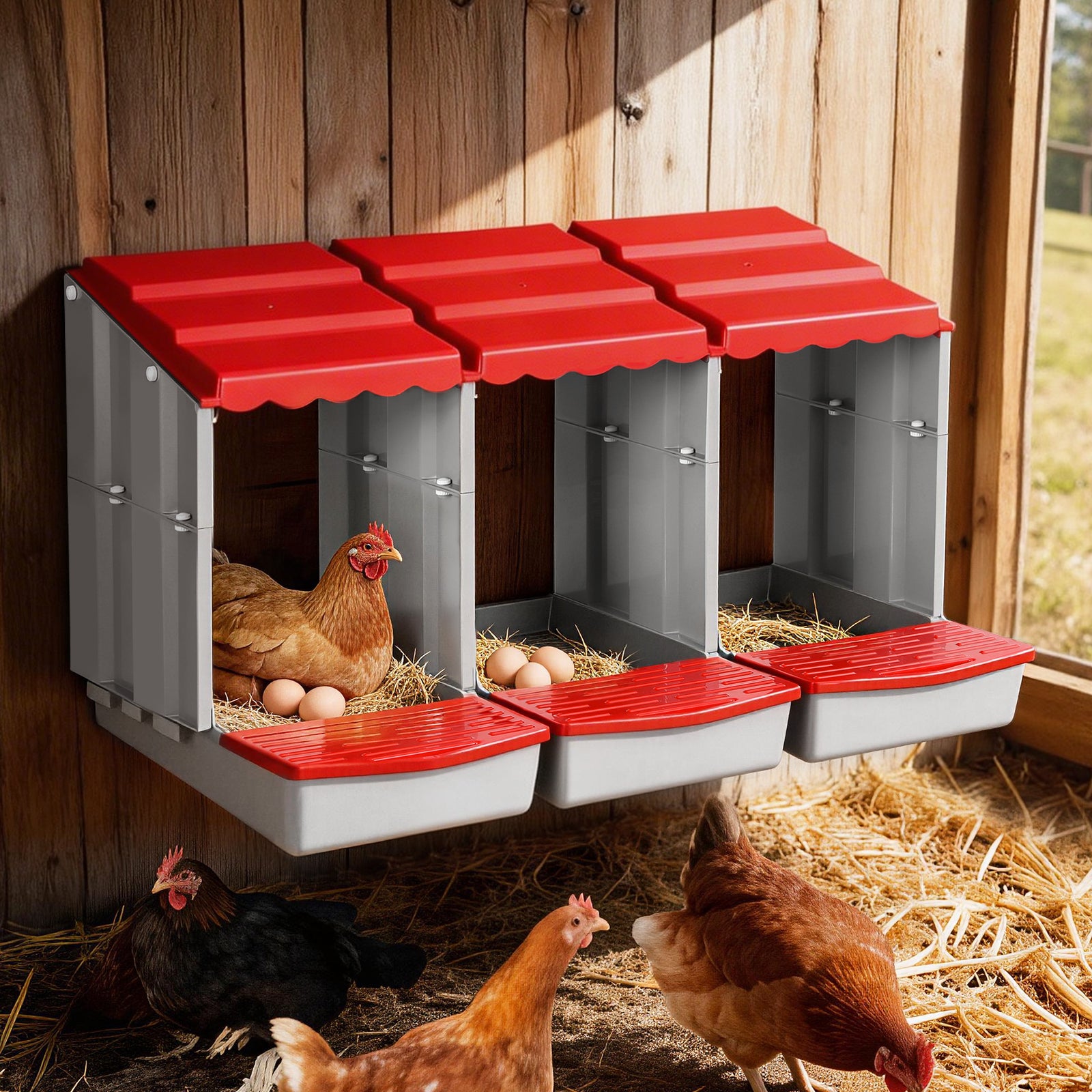 i.Pet Chicken Nesting Box 3 Hole Roll Away Poultry Hen Laying Egg Hutch Red