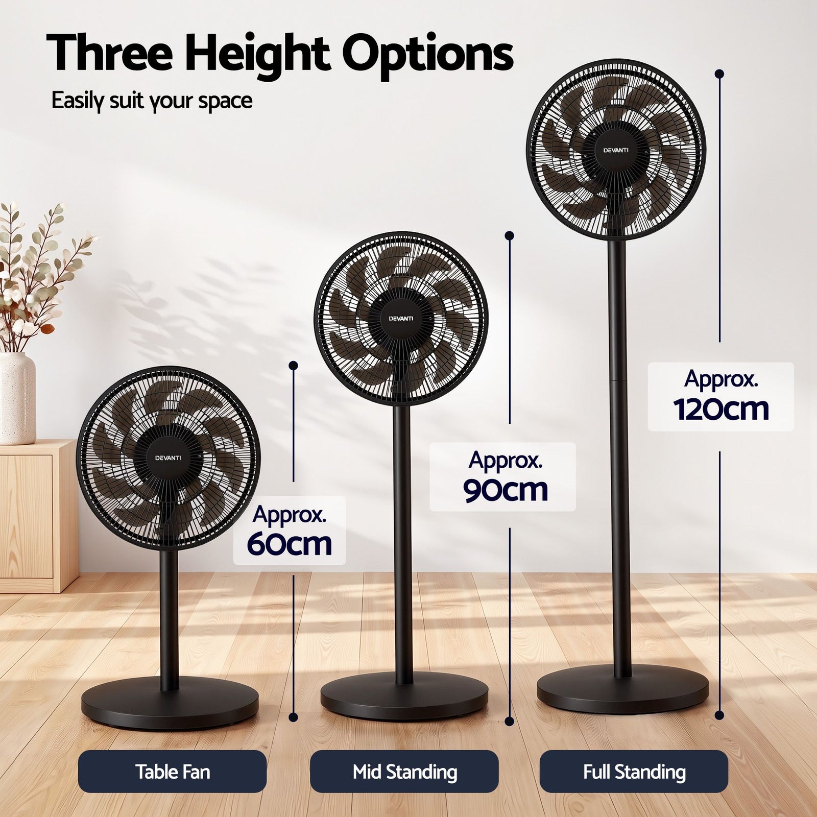 Devanti Pedestal Fan with Remote, 7 Speeds 3 Heights DC Motor, Black
