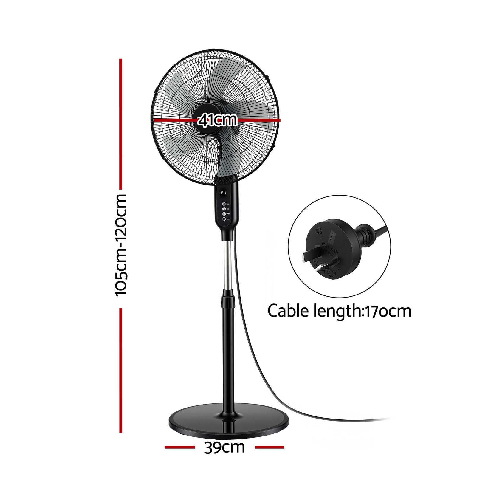 DEVANTI 16" Pedestal Fan with Remote 3 Speeds 8H Timer, Black
