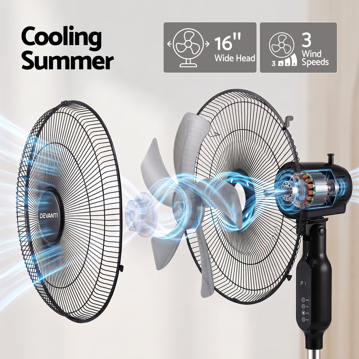 DEVANTI 16" Pedestal Fan with Remote 3 Speeds 8H Timer, Black