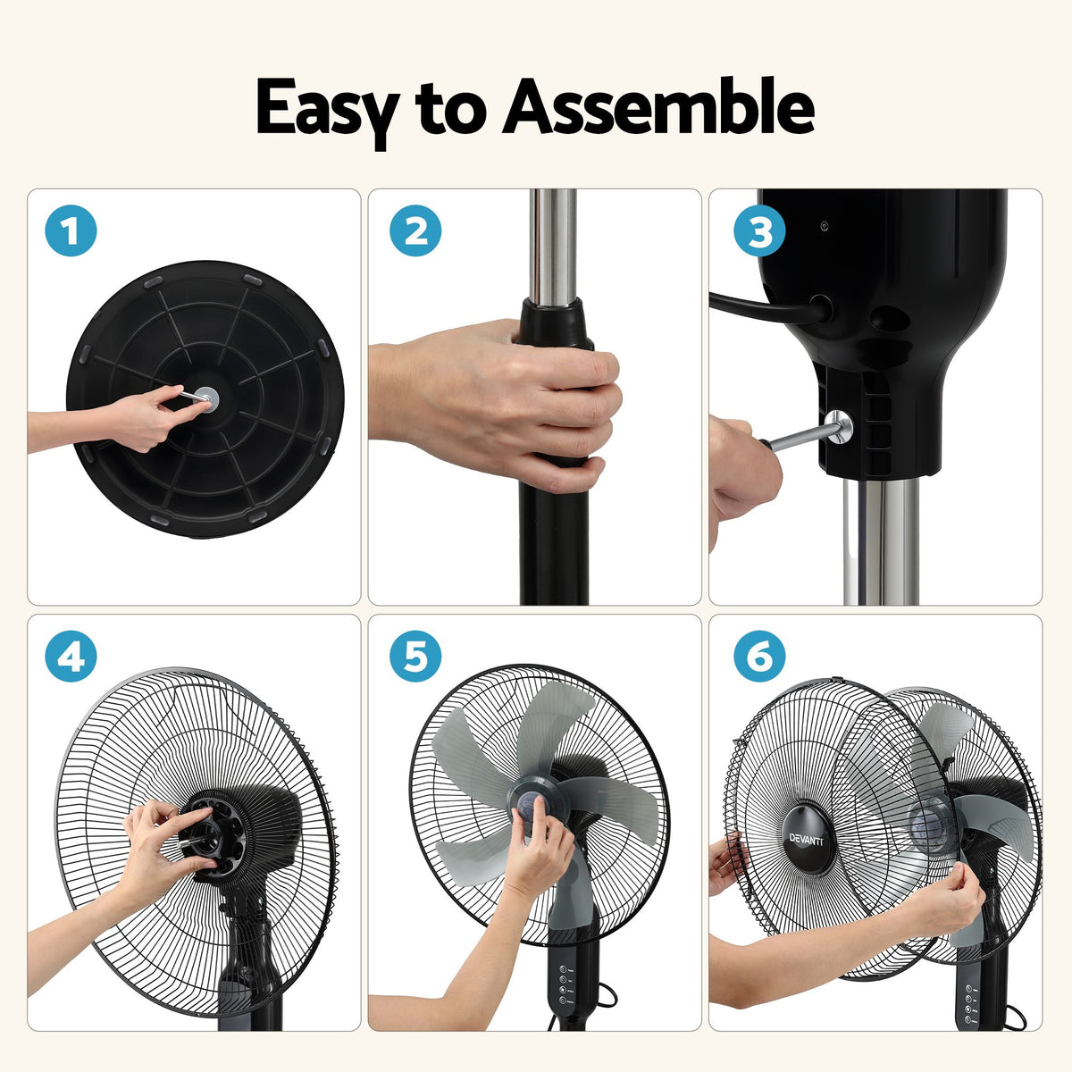 DEVANTI 16" Pedestal Fan with Remote 3 Speeds 8H Timer, Black