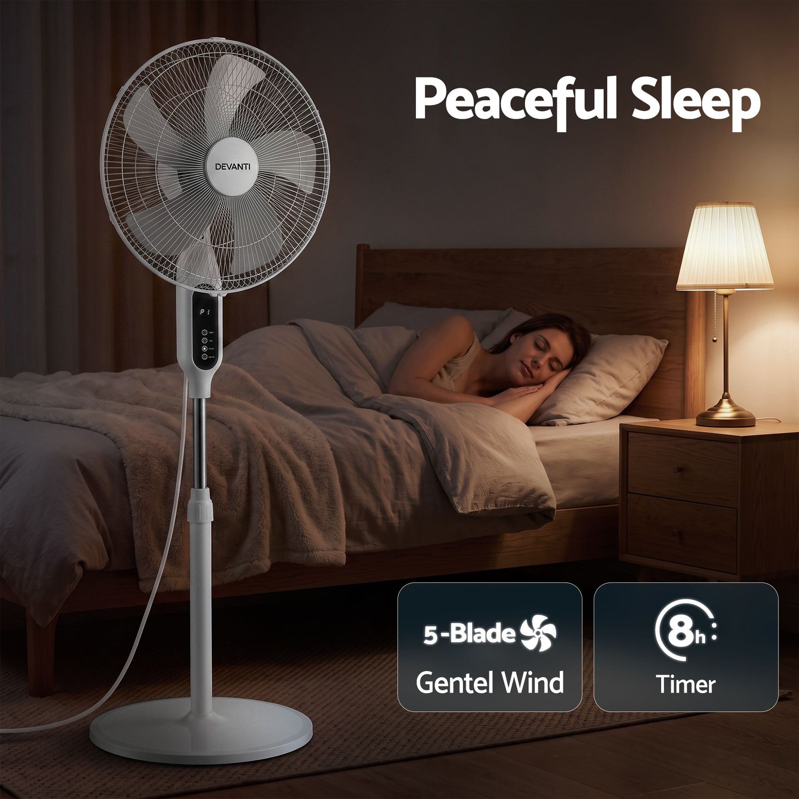 DEVANTI 16" Pedestal Fan with Remote 3 Speeds 8H Timer, White
