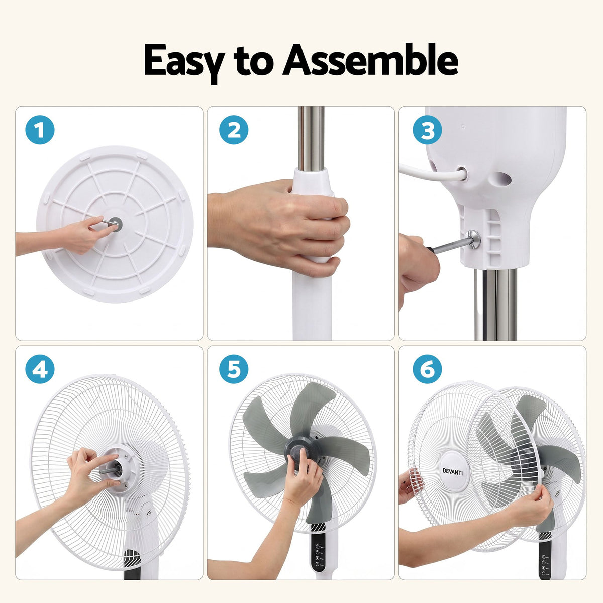 DEVANTI 16" Pedestal Fan with Remote 3 Speeds 8H Timer, White