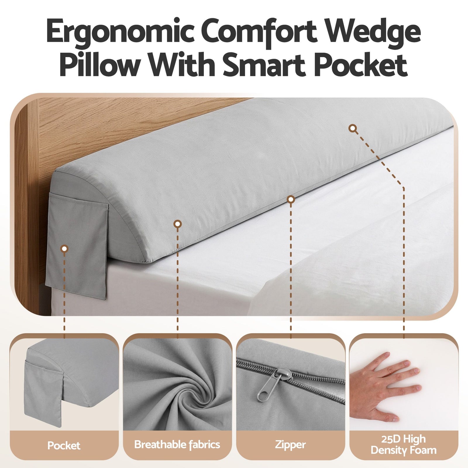 Giselle Double Bed Wedge Pillow For Headboard, Close Gap And Stop Pillows Sliding, Perfect For Dorm Or Tatami Reading, 25D Foam Mattress Gap Filler With 2 Side Pockets, Washable 110gsm Cover