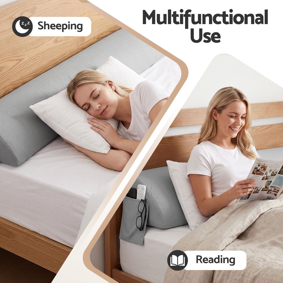 Giselle Double Bed Wedge Pillow For Headboard, Close Gap And Stop Pillows Sliding, Perfect For Dorm Or Tatami Reading, 25D Foam Mattress Gap Filler With 2 Side Pockets, Washable 110gsm Cover