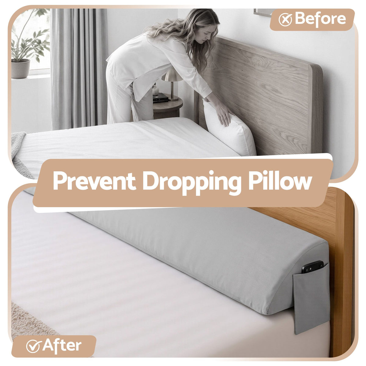 Giselle King Bed Wedge Pillow For Headboard, Close Gap And Stop Pillows Sliding, Perfect For Dorm Or Tatami Reading, 25D Foam Mattress Gap Filler With 2 Side Pockets, Washable 110gsm Cover