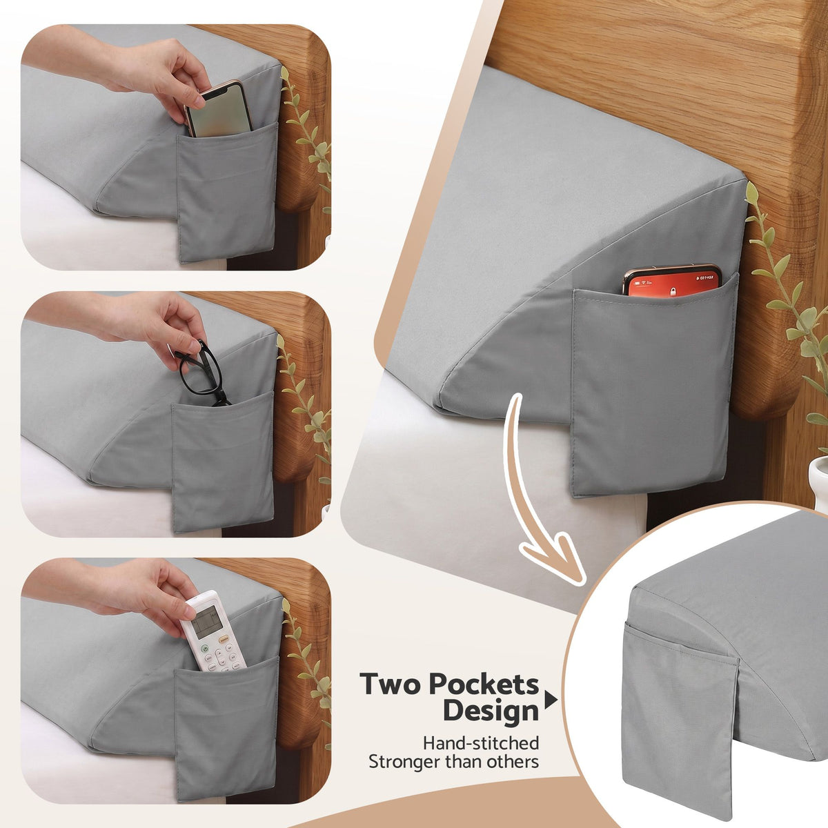 Giselle King Bed Wedge Pillow For Headboard, Close Gap And Stop Pillows Sliding, Perfect For Dorm Or Tatami Reading, 25D Foam Mattress Gap Filler With 2 Side Pockets, Washable 110gsm Cover