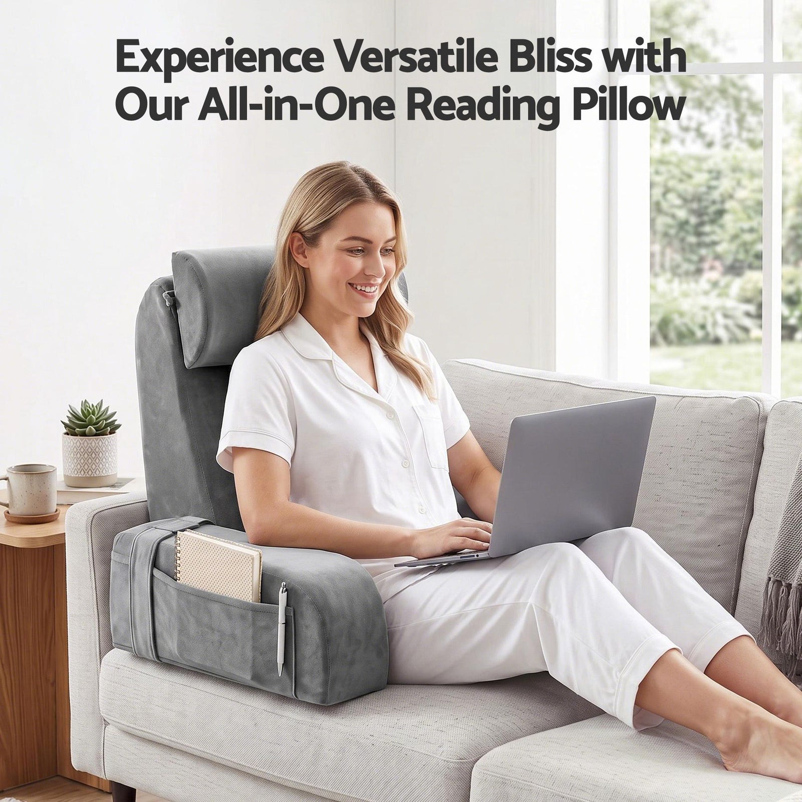 Giselle Reading Pillow For Bed With Non-Sag Solid Memory Foam, Back Pillow For Bed Sitting Up Gaming, Adjustable Neck Roll Detachable Arms And 210gsm Velvet Washable Cover