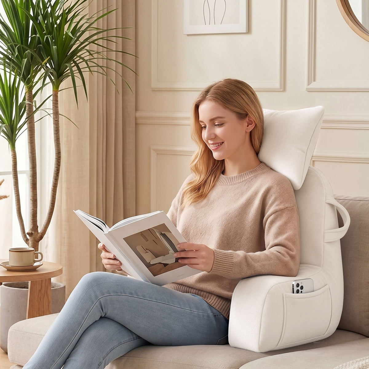 Giselle Bedding Reading Pillow with Detachable Neck Roll &amp; Armrests Sit Up Pillow for Bed Back Support Pillow for Watching TV &amp; Gaming Beige