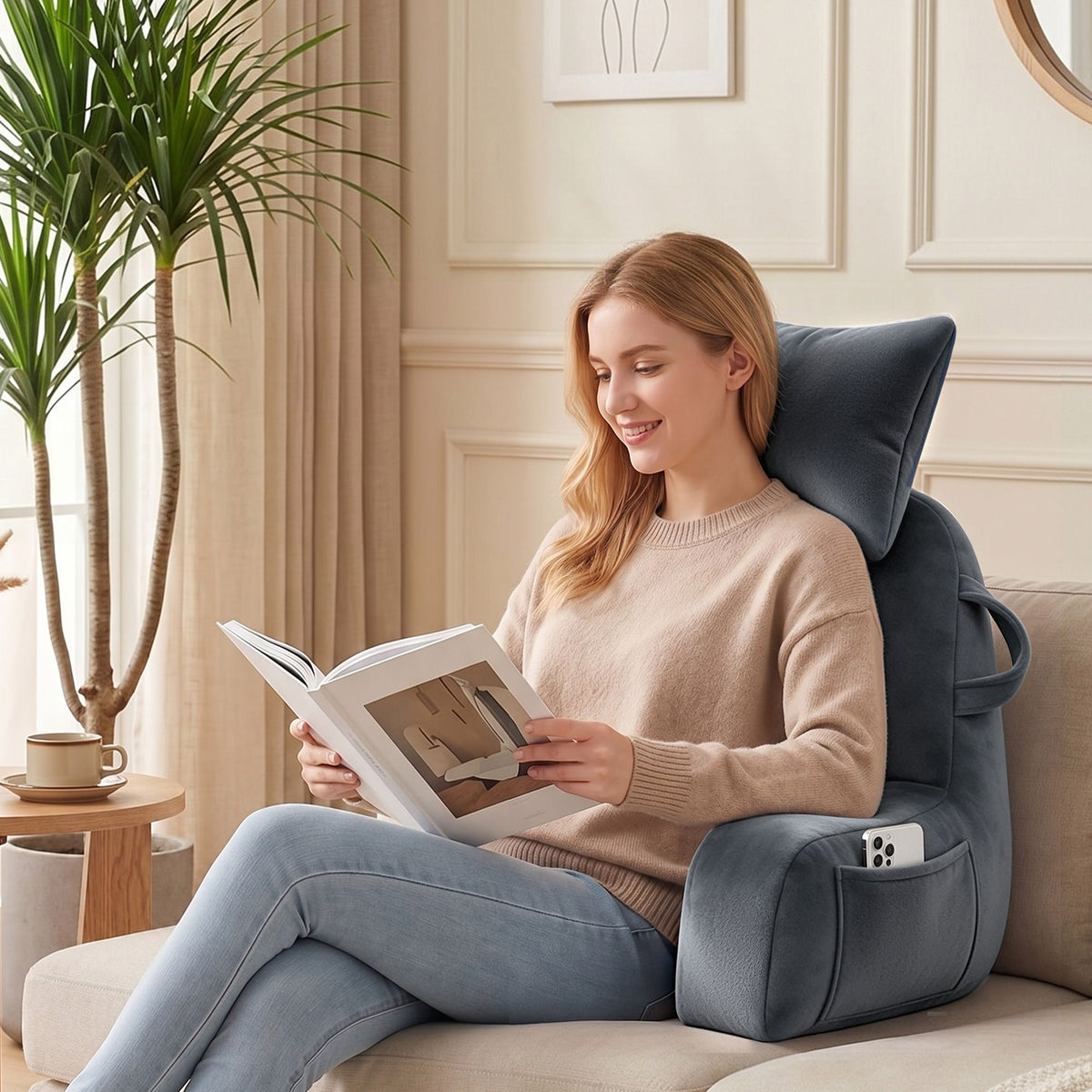Giselle Bedding Reading Pillow with Detachable Neck Roll &amp; Armrests Sit Up Pillow for Bed Back Support Pillow for Watching TV &amp; Gaming Gray