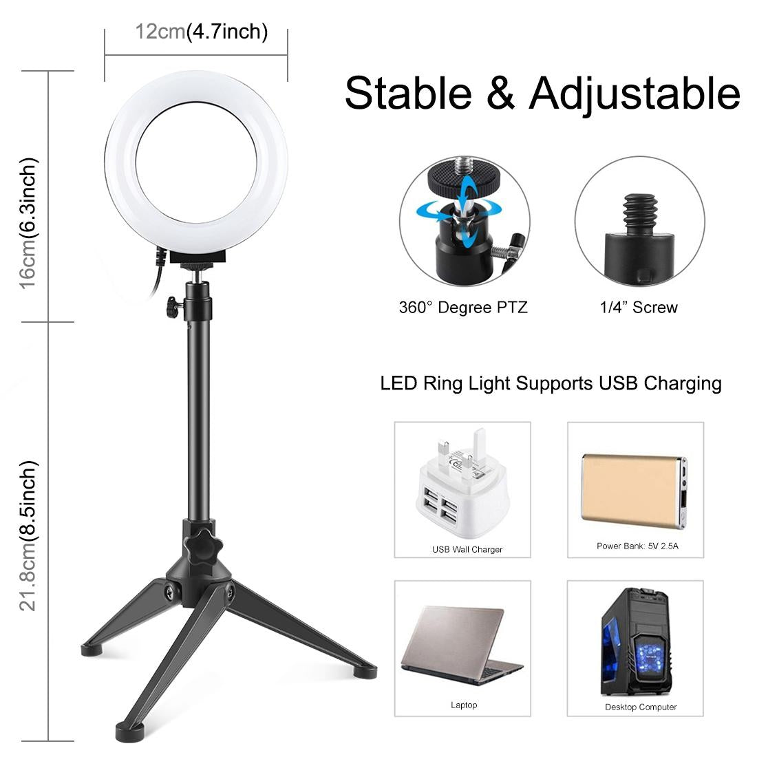 10 Mode Usb Led Ring Light With Tripod Mount And Cold Shoe Ball Head - 4.7 Inch Diameter-1915196504776249348