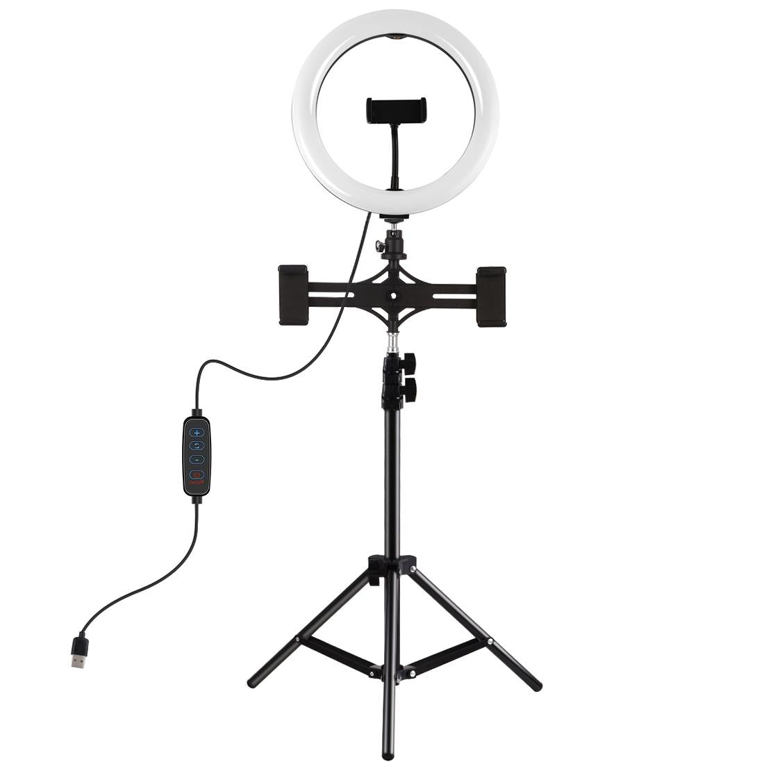 Horizontal Dual Phone Brackets With Tripod Mount &amp; Led Ring Light Kit For Vlogging And Live Broadcasts-1915196737321046017