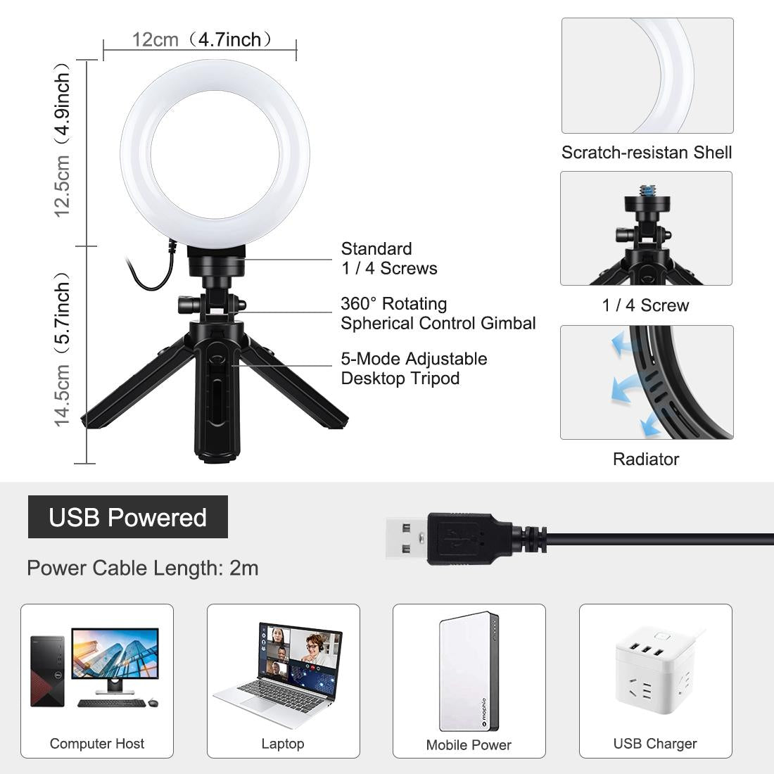 Usb 3 Modes Dimmable Led Ring Light &amp; Pocket Tripod Kit With Cold Shoe Ball Head - 4.7 Inch Diameter-1915196489974550529