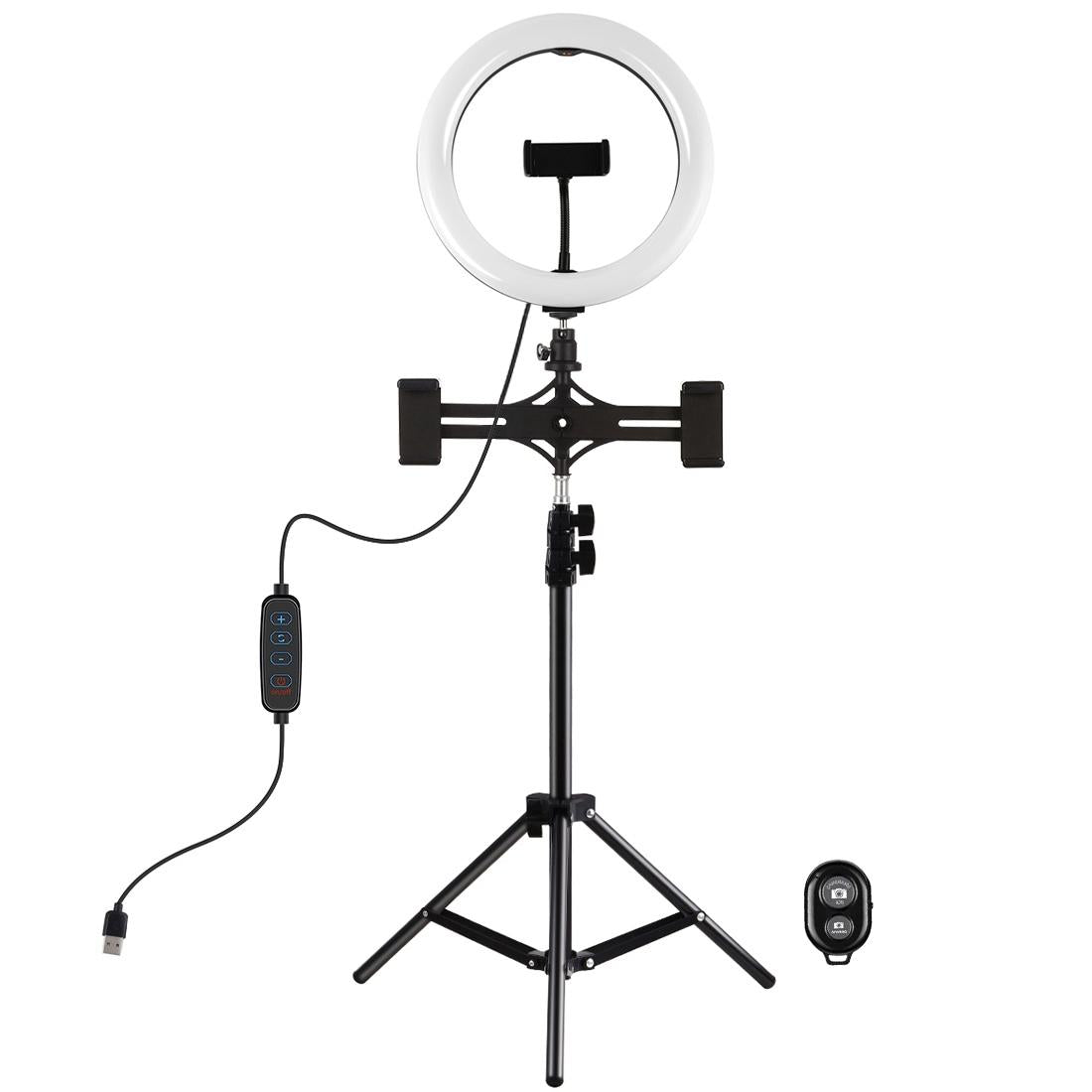 10.2 Led Ring Light With Tripod & Dual Phone Brackets - Usb Dimmable Dual Colour Temperature Selfie Remote - Black-1922443471784906753