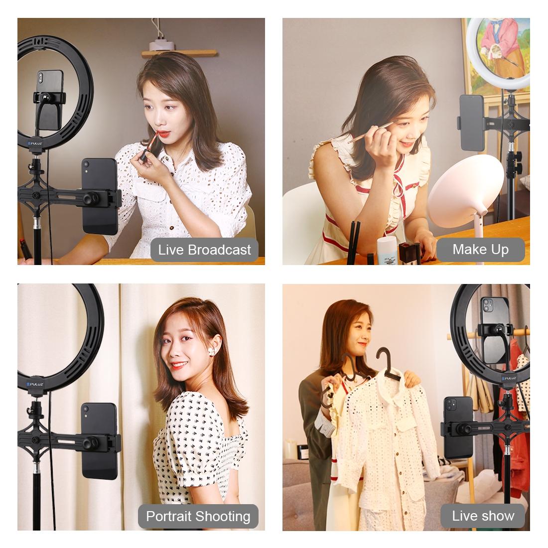 10.2 Led Ring Light With Tripod & Dual Phone Brackets - Usb Dimmable Dual Colour Temperature Selfie Remote - Black-1922443471784906755