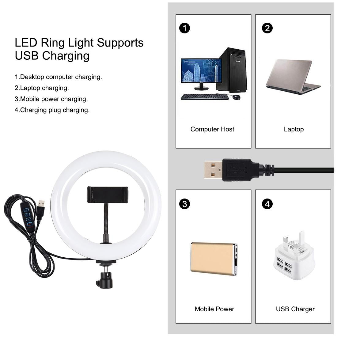 7.9 Led Ring Light With Tripod And Phone Clamp - 3 Modes Dual Colour Temperature Dimmable - Black-1915196787849826308