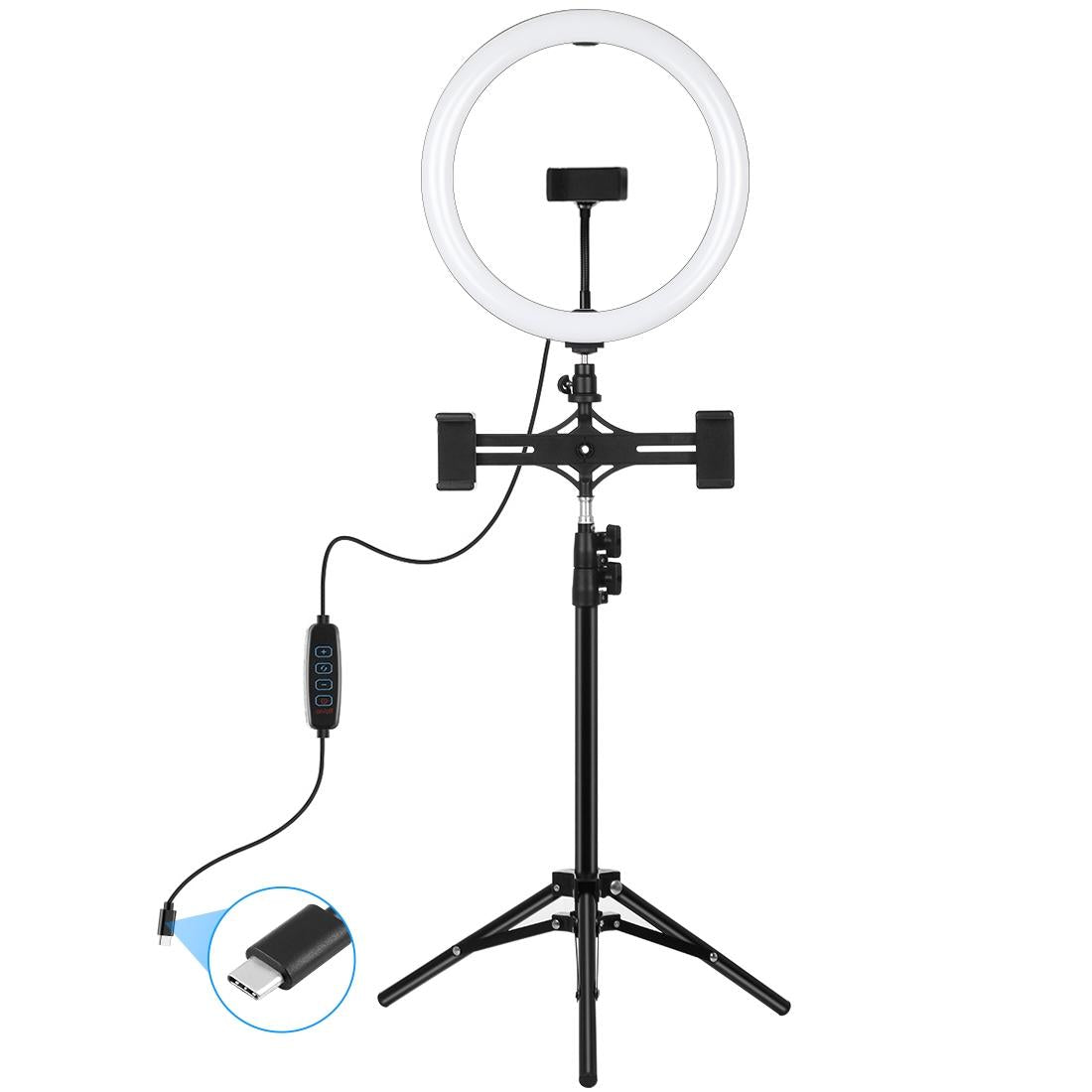 11.8 Led Ring Light Kit With Tripod & Dual Phone Brackets - 3 Modes Dual Colour Temperature Curved Surface Type-C - Black-1915196511776542721