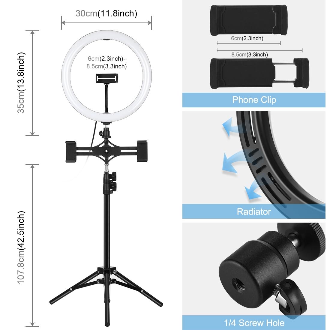 11.8 Led Ring Light Kit With Tripod & Dual Phone Brackets - 3 Modes Dual Colour Temperature Curved Surface Type-C - Black-1915196511776542723