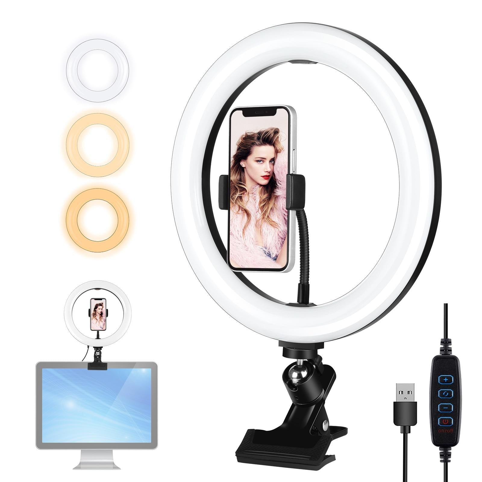 10.2 Ring Light With Monitor Clip & Usb 3 Modes Dual Colour Temperature Dimmable Curved Diffuse Vlogging Selfie Beauty Photography Video Lights Phone Clamp - Black-1915196778140012544