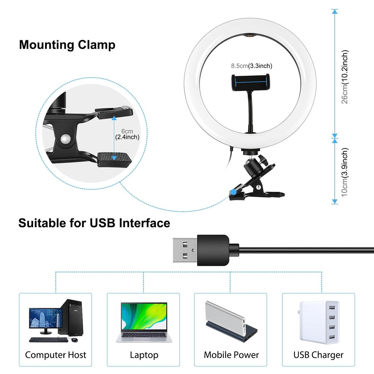 10.2 Ring Light With Monitor Clip & Usb 3 Modes Dual Colour Temperature Dimmable Curved Diffuse Vlogging Selfie Beauty Photography Video Lights Phone Clamp - Black-1915196778140012546