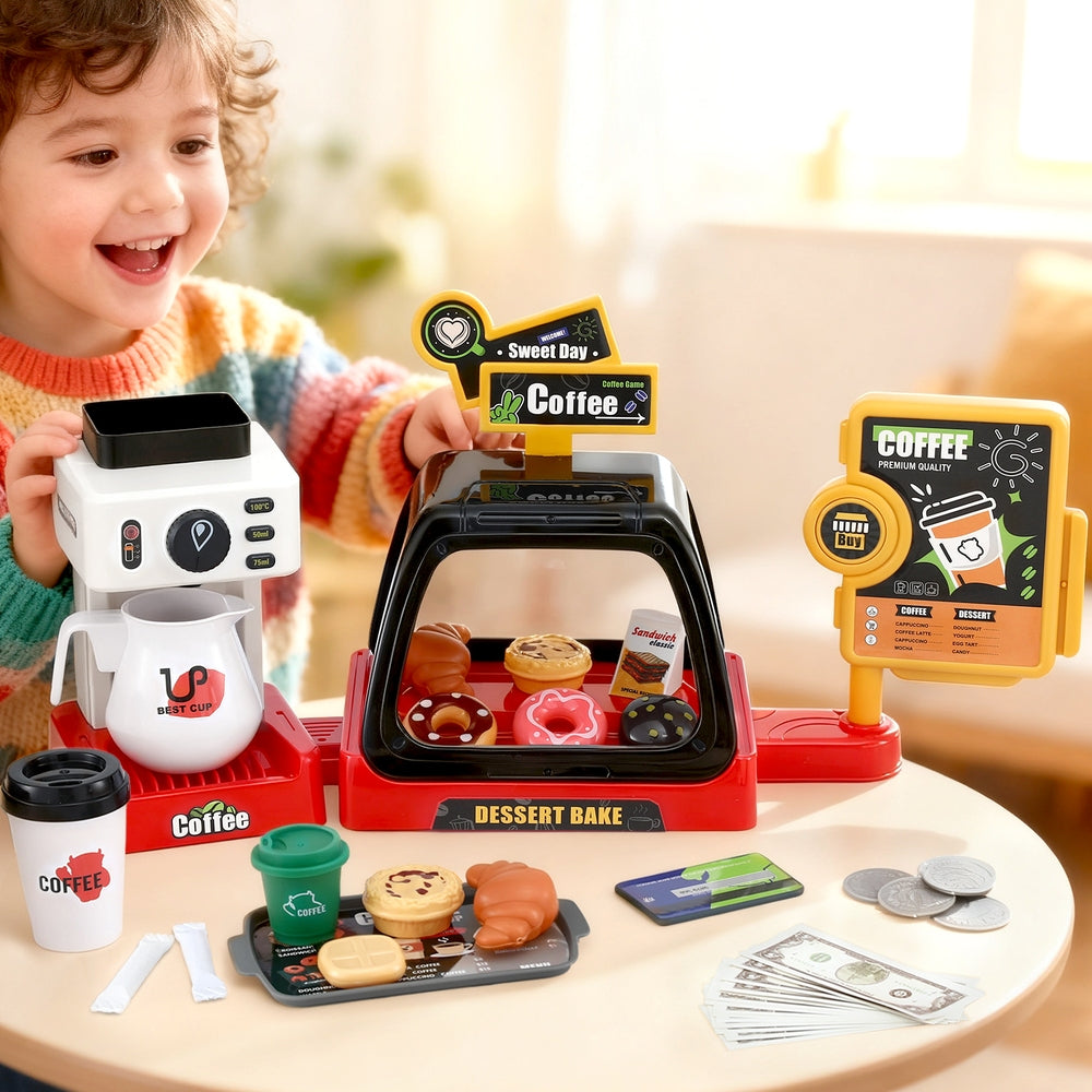 Keezi Kids Pretend Role Play Toy Coffee Shop with Coffee Maker Machine Play Money Food Tea Party Set